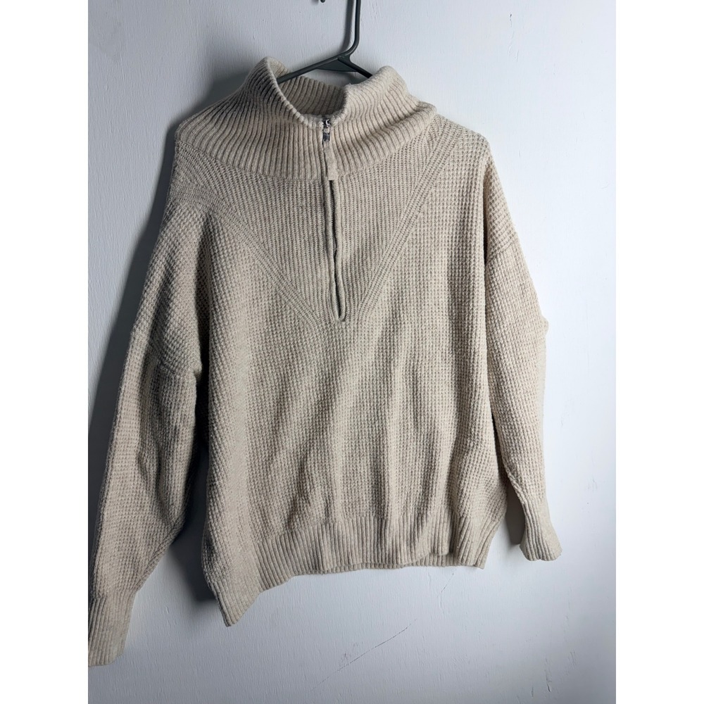 Aerie Waffle Knit Quarter Zip Sweater Cream Oatmeal Oversized Pullover XS